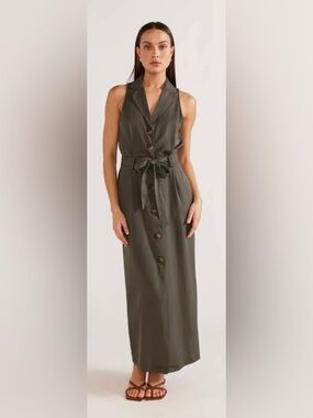 STAPLE THE LABEL Sz 8 Kendi Khaki Sleeveless Button-Front Dress Waist Tie NEW